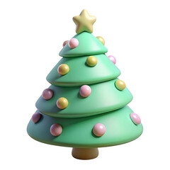 Wall Mural - 3d cartoon christmas tree with pastel ornaments isolated on transparent background