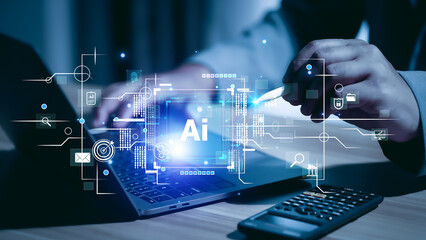 technology and people concept man use ai to help work, ai learning and artificial intelligence conce