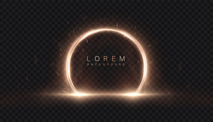 Fototapete - Bright round magic portal arch with golden glow and sparkle effects on transparent dark background. Vector PNG