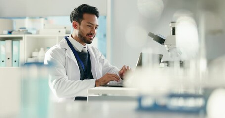 Aufkleber - Laptop, man and scientist typing in lab for experiment, test or chemistry innovation. Computer, science and happy medical worker with development breakthrough, discovery and research article approval