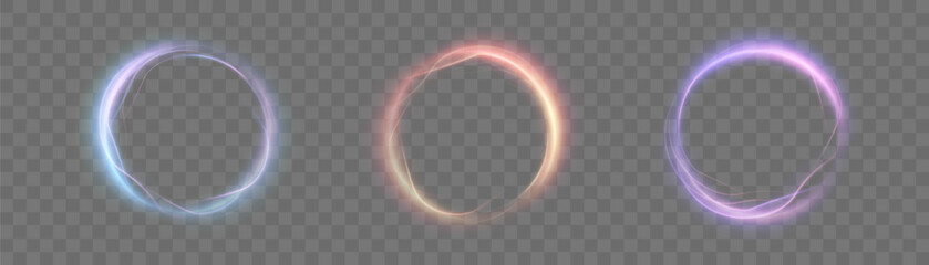 Leinwandbilder - Set of glowing rings with neon outlines and glow effect on transparent background.