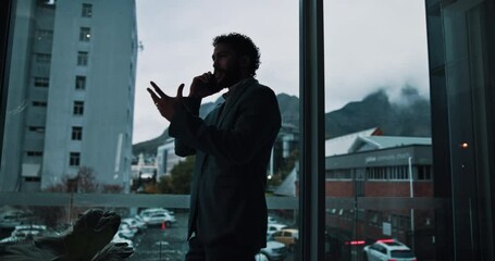 Fototapete - Business, phone call and window with man in office for morning conversation or negotiation. Communication, discussion and explain with corporate employee at work in city for project management