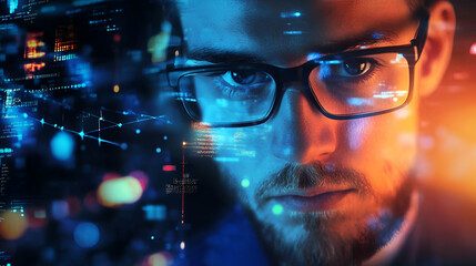 Focused Man In Glasses Looking At Digital City Interface