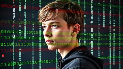 Young programmer against the background of digital code, concept of modern technologies, IT development and programming