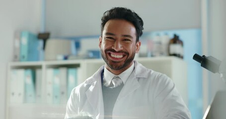 Poster - Face, scientist and man with smile, healthcare and confident for breakthrough of innovation and lab. Happy, medical research and person with pride for science, pharmaceutical and treatment in USA