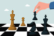 © NASIH - Business strategy concept with hands moving pawns on chess pieces on a world political board. Illustration of business strategy victory metaphor.