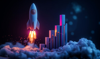 Wall Mural - rocket taking off with a bar graph of business growth on a dark background,  concept success and business growth,