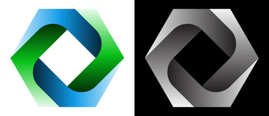 Poster - Hexagon with 4 elements green and blue colors in spiral. Eco-friendly logo concept, icon or design element. The same shape in grey colors on a black background.