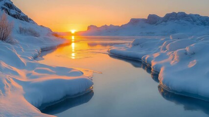 Wall Mural - Sunrise over snowy mountains reflecting in a serene winter river landscape