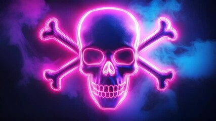Poster - Neon pink skull and crossbones glowing in atmospheric colorful smoke