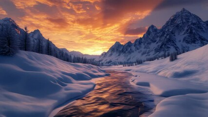 Wall Mural - Dramatic sunset over snowy mountains with winding river in winter landscape