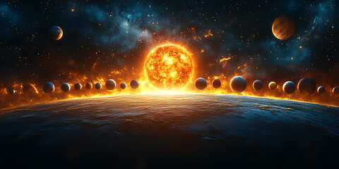 Wall Mural - dramatic cosmic vista featuring planets aligning with a fiery sun and a vast nebula backdrop