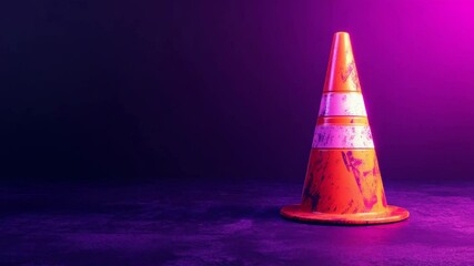 Poster - Traffic cone with a purple neon glow on a dark surface, futuristic concept