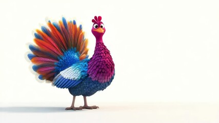 Poster - Colorful cartoon peacock with vibrant feathers on a white background, 3d illustration