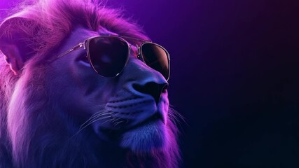 Aufkleber - Cool lion wearing sunglasses in vibrant purple lighting, digital illustration