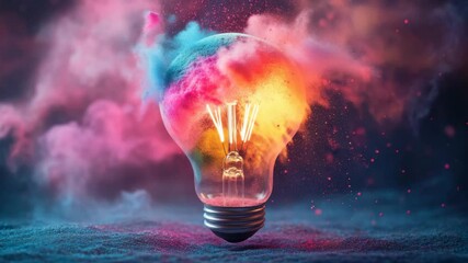 Poster - Bright colorful light bulb emitting vibrant pink and blue smoke, creative concept