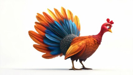 Poster - Colorful turkey with vibrant feathers and playful stance on white background