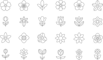 A collection of simple line art flower icons, isolated on white background