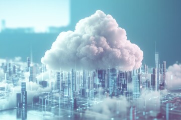 Wall Mural - futuristic cloud computing infrastructure over a digital cityscape