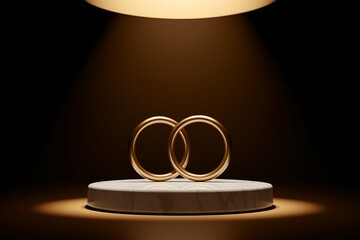 a pair of intertwined gold wedding bands on a marble pedestal