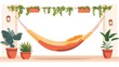 © Sukses - Hammock hanging on a patio with planters, sunny, illustration, relaxation, comfortable