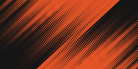 Halftone orange dots pattern and black gradient grunge texture background. Dotted line comic sport style vector grunge.