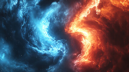 dramatic nebula formation depicting a cosmic collision of fire and ice in deep space artwork