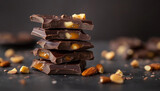Pedaços de chocolate amargo empilhados com nozes e recheio de caramelo se desfazendo