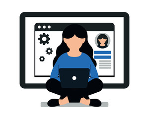 flat illustration in blue and black tones. a woman is sitting cross-legged with a laptop on her lap,