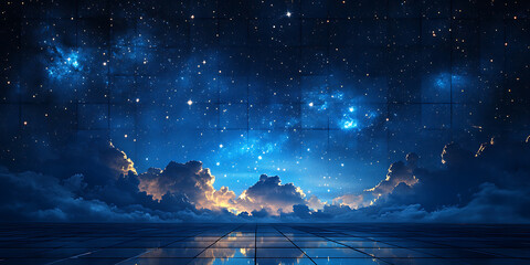 dreamy night sky above tiled platform with clouds and stars reflecting blue aesthetic luminous lands