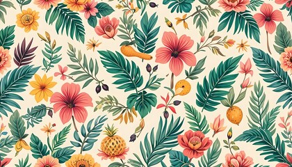  Colorful seamless floral pattern with tropical flowers and leaves, ideal for textile, wallpaper, packaging, and surface design.