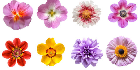 Wall Mural - collection of single fresh flower cutout clipping path png isolated on white or transparent backgrou