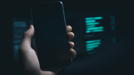 Wall Mural - hand holding smartphone in a dark cyber environment: a person's hand delicately holds a sleek smartp