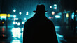 © Vitor - Um homem de chapéu, silhuetado na chuva, permanece ameaçadoramente nas ruas da cidade à noite, capturando uma atmosfera tensa e noir de crime.