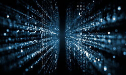 A digital matrix stream with binary code flowing in a dark blue futuristic cyberspace environment