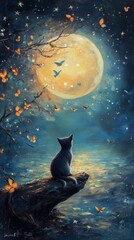 Wall Mural - a beautiful animal artwork with stars and the moon soft colours 