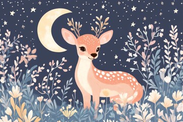 Wall Mural - a beautiful animal artwork with stars and the moon soft colours 
