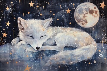 Wall Mural - a beautiful animal artwork with stars and the moon soft colours 