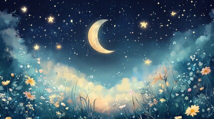 Wall Mural - a beautiful animal artwork with stars and the moon soft colours 