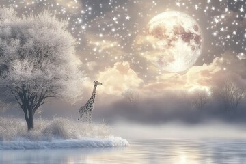 Wall Mural - a beautiful animal artwork with stars and the moon soft colours 