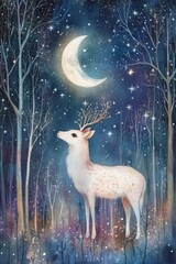 Wall Mural - a beautiful animal artwork with stars and the moon soft colours 