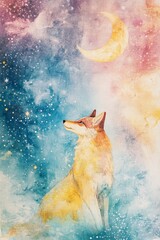 Wall Mural - a beautiful animal artwork with stars and the moon soft colours 