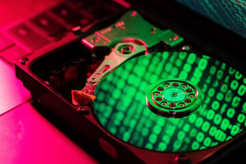 on the hard disk, the binary code is displayed in green numbers