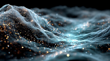Fototapete - A mesmerizing depiction of ethereal waves shimmering with light particles, representing fluid beauty in motion and nature's artistry.