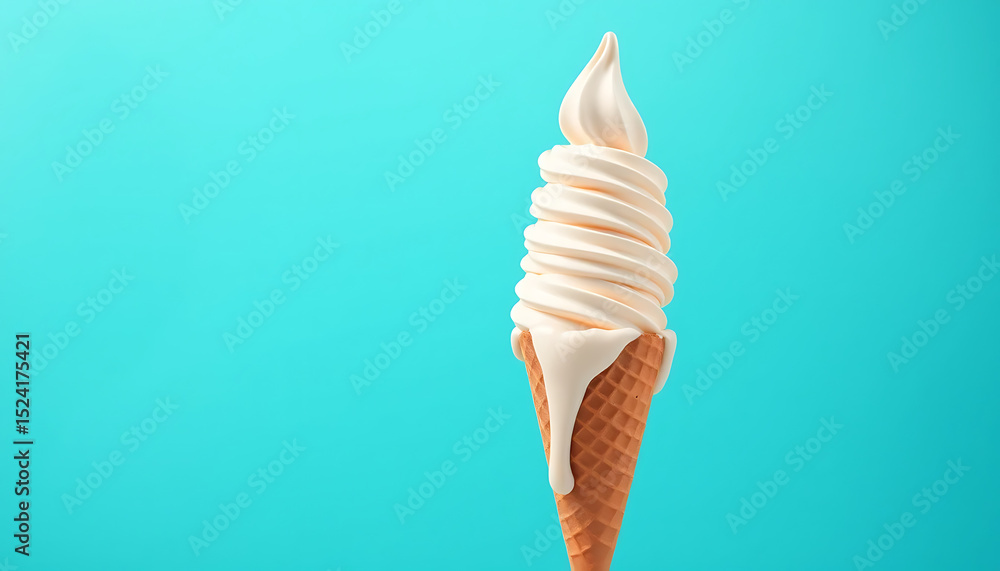 Delicious soft serve ice cream cone vanilla flavor on a bright blue background summer dessert concept