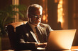 © Pavel - Senior businessman in dark sunglasses working at a laptop in a high-end office setting, symbolizing executive power, leadership, and modern digital productivity.
