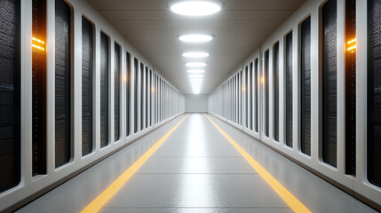 Poster - Futuristic corridor featuring illuminated panels and sleek design, perfect for showcasing modern architecture and technology.