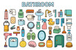© ckybe - A colorful cartoon-style set of bathroom items with bold outlines on a white background. Includes hygiene tools, accessories, and cleaning elements. Perfect for prints, stickers, games, UI
