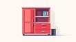 © Falikhurrosid - A coral-red cabinet with a closed door, open shelves holding files, three drawers below, and a small black waste bin beside it, rendered in a simple, slightly low-poly style against a white background