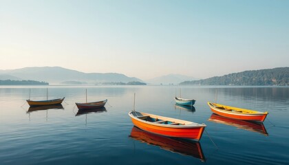  Serene Waters Colorful Boats at Rest on a Calm Lake at Dawn